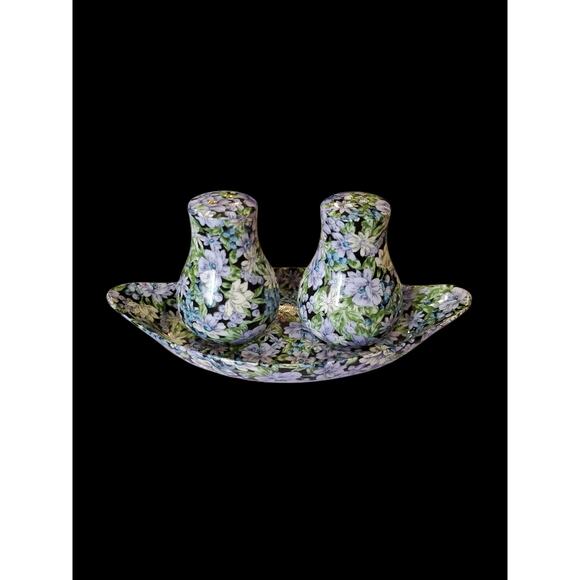 VTG Mollie Porcelain Chintz Floral 3 Piece Salt & Pepper Shakers, Tray Gold Trim - Picture 1 of 6
